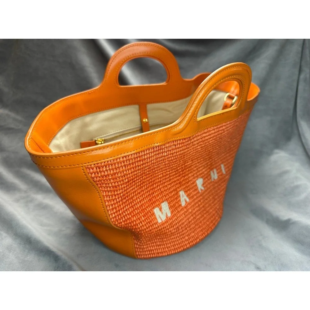 Marni Tropicalia Basket bag 2WAY Shoulder‎ Orange Raffia Leather Tote Used